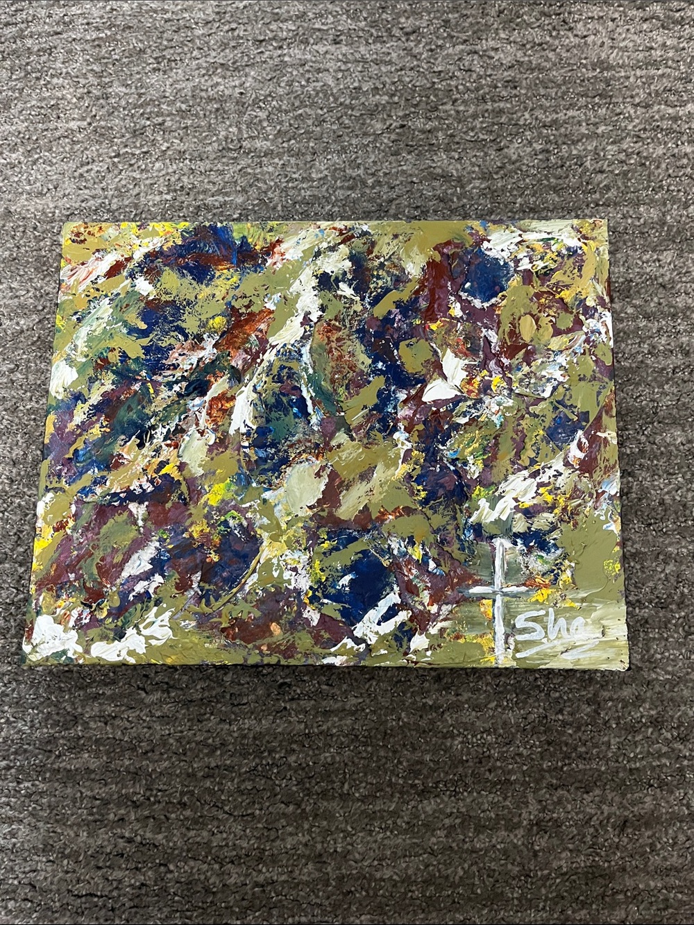 Abstract Multi-Color Textured Canvas Painting 14”x11”  - Olive, Blue, White